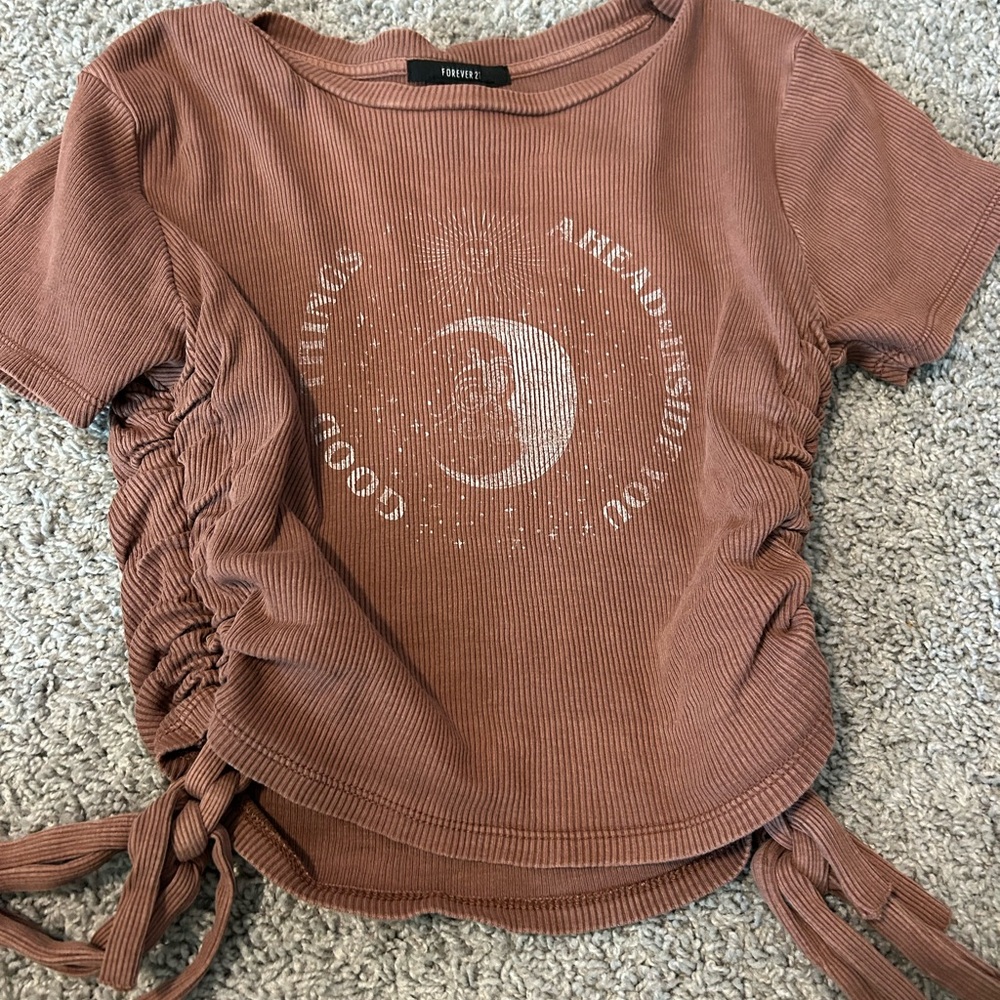 Forever 21 Pink Ruched Tie Front Short Sleeve T-Shirt